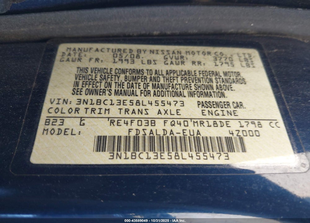 2008 NISSAN VERSA 1.8S VIN: 3N1BC13E58L455473