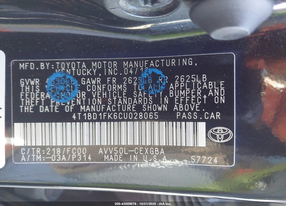 2012 TOYOTA CAMRY HYBRID VIN: 4T1BD1FK6CU028065