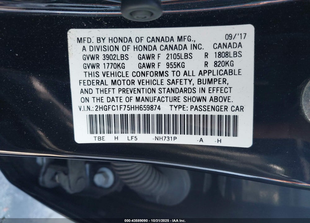 2017 HONDA CIVIC VIN: 2HGFC1F75HH659874