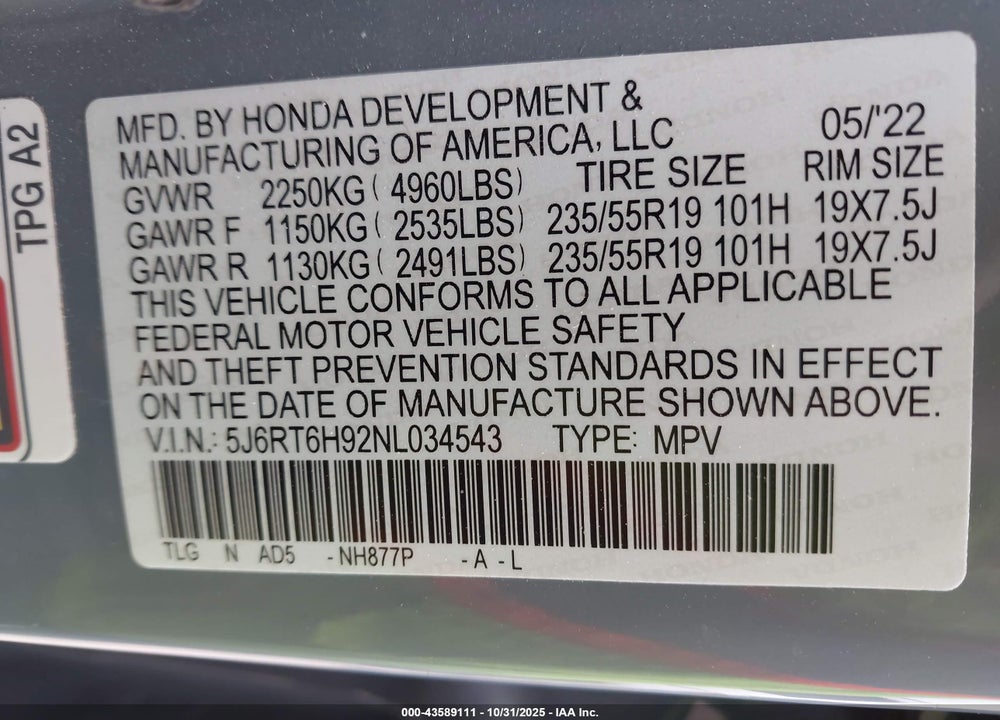 2022 HONDA CR-V HYBRID TOURING VIN: 5J6RT6H92NL034543