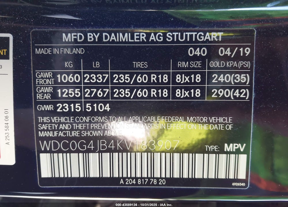 2019 MERCEDES-BENZ GLC 300 VIN: WDC0G4JB4KV183907