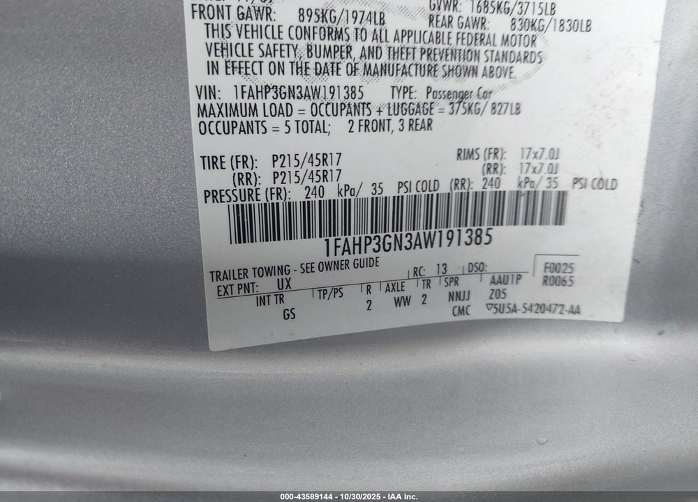 2010 FORD FOCUS VIN: 1FAHP3GN3AW191385