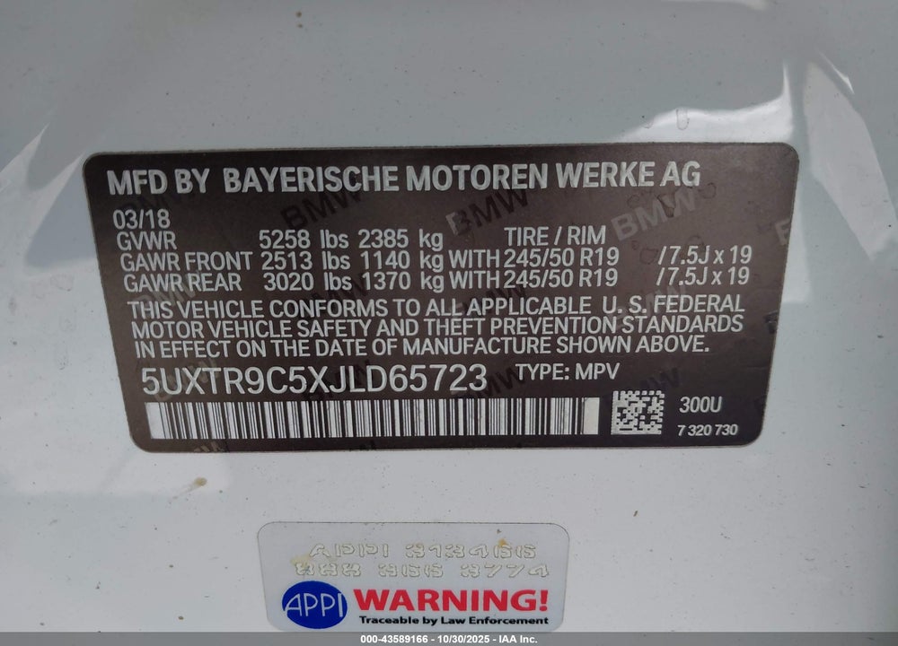 2018 BMW X3 XDRIVE30I VIN: 5UXTR9C5XJLD65723