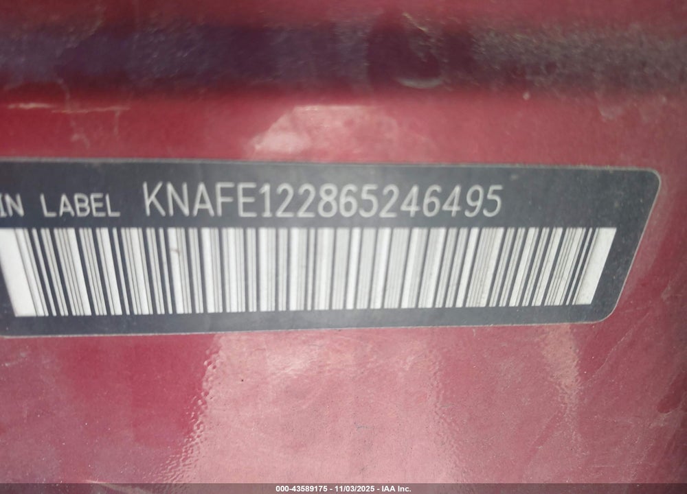 2006 KIA SPECTRA VIN: KNAFE122865246495