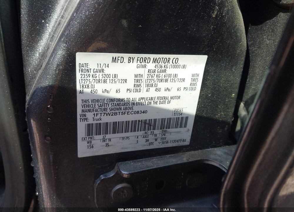2015 FORD F-250 VIN: 1FT7W2BT5FEC08340