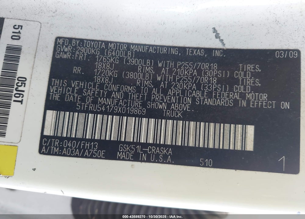 2009 TOYOTA TUNDRA VIN: 5TFRU54179X019869