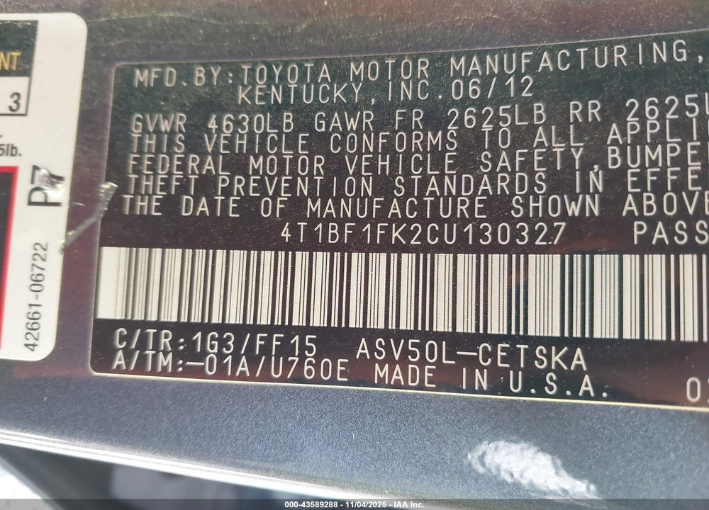 2012 TOYOTA CAMRY VIN: 4T1BF1FK2CU130327