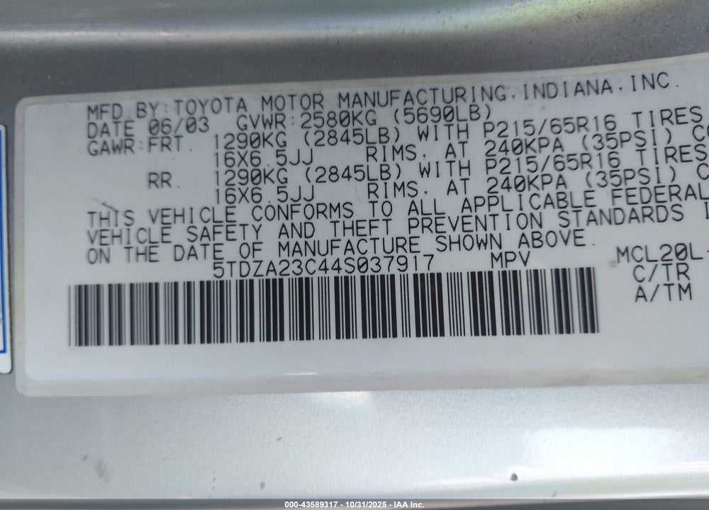 2004 TOYOTA SIENNA LE VIN: 5TDZA23C44S037917
