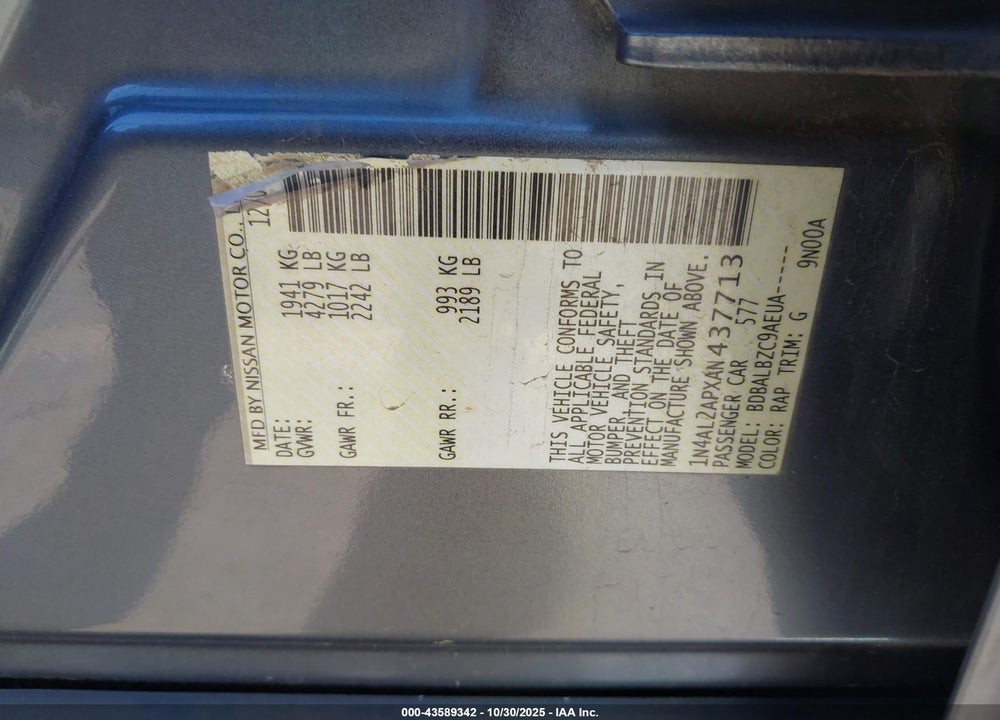 2010 NISSAN ALTIMA VIN: 1N4AL2APXAN437713