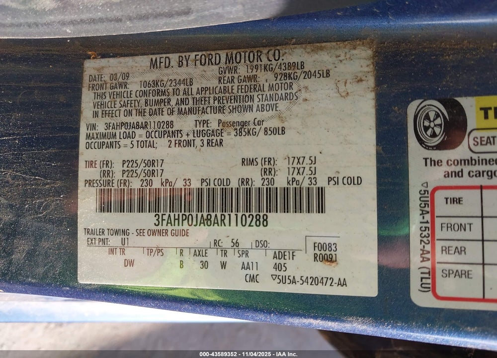 2010 FORD FUSION VIN: 3FAHP0JA8AR110288