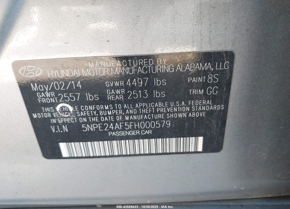 2015 HYUNDAI SONATA SE VIN: 5NPE24AF5FH000579