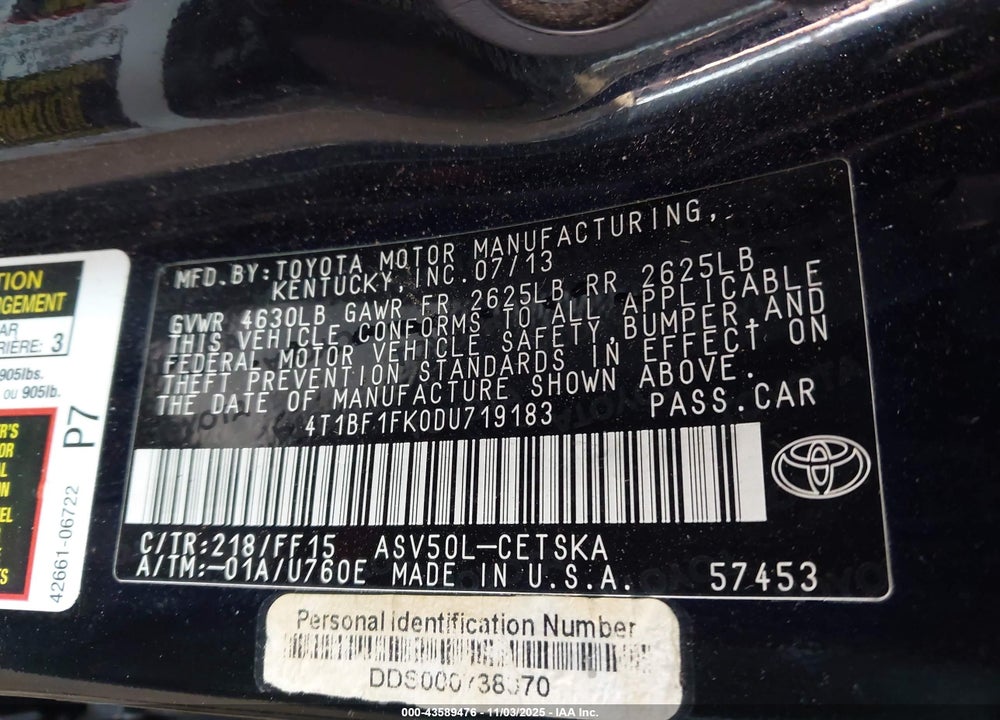 2013 TOYOTA CAMRY VIN: 4T1BF1FK0DU719183