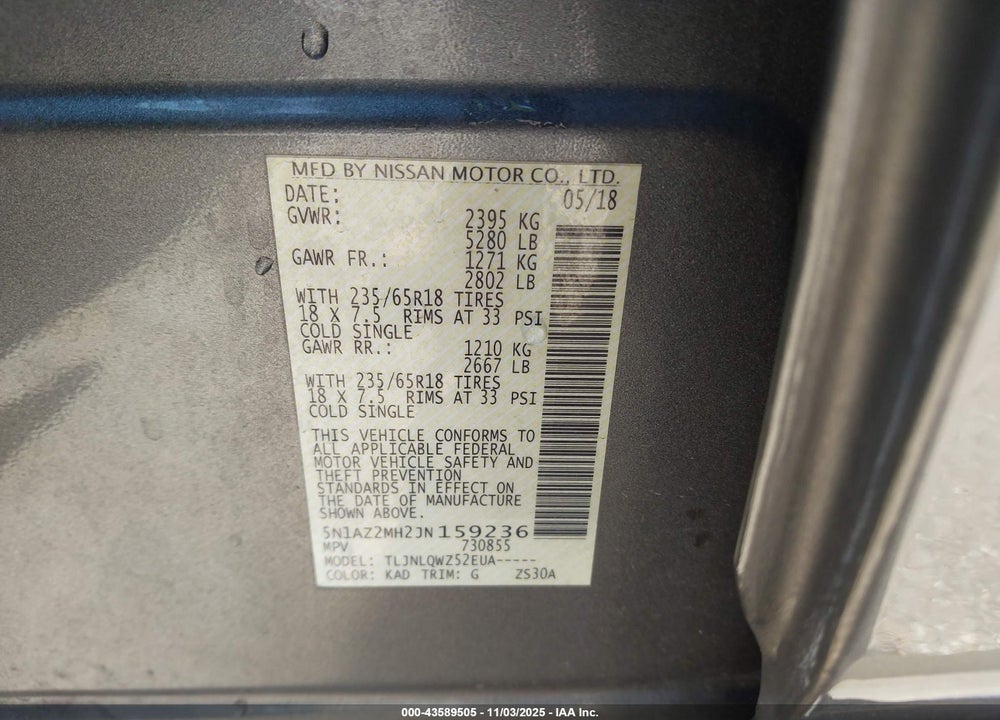 2018 NISSAN MURANO SV VIN: 5N1AZ2MH2JN159236