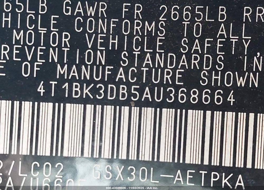 2010 TOYOTA AVALON LIMITED VIN: 4T1BK3DB5AU368664