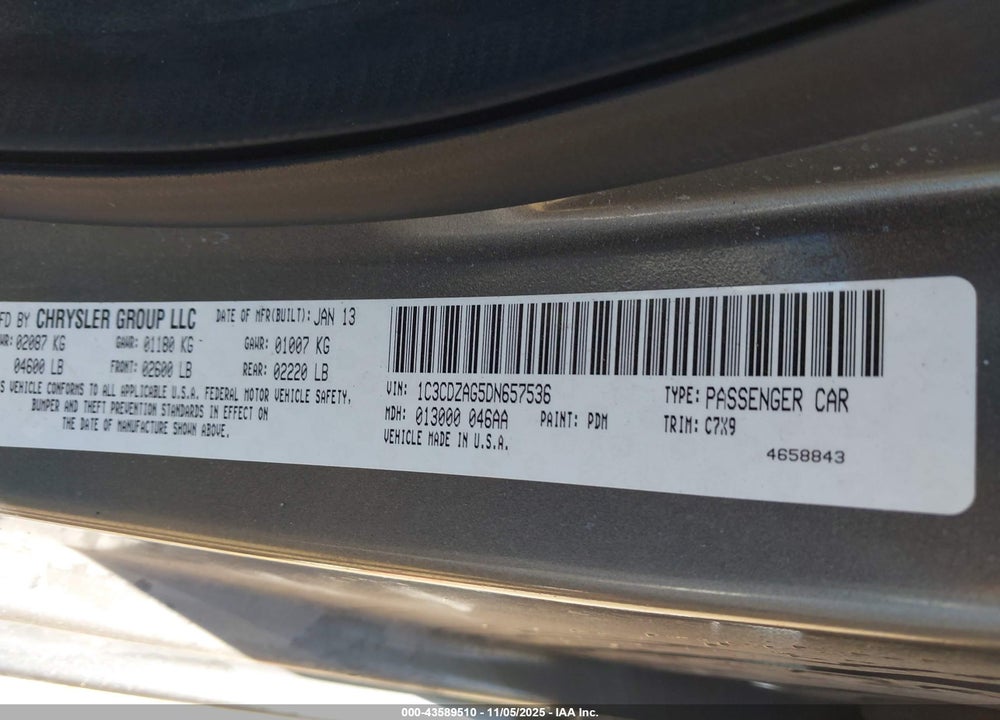 2013 DODGE AVENGER VIN: 1C3CDZAG5DN657536