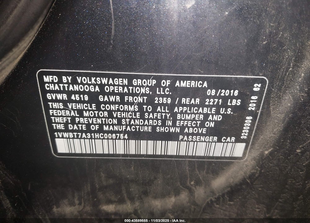 2017 VOLKSWAGEN PASSAT 1.8T SE VIN: 1VWBT7A31HC006754