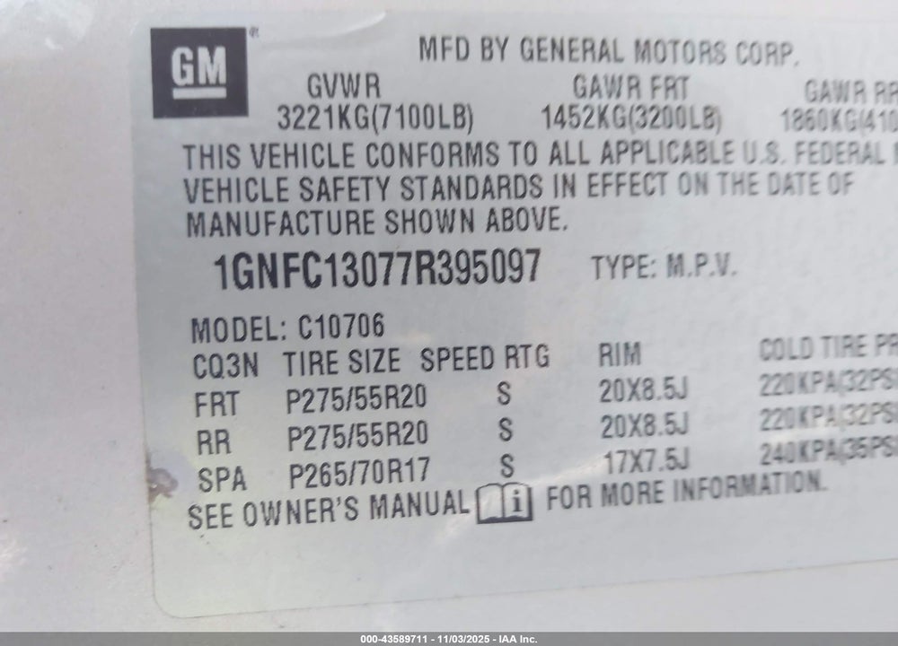 2007 CHEVROLET TAHOE LT VIN: 1GNFC13077R395097