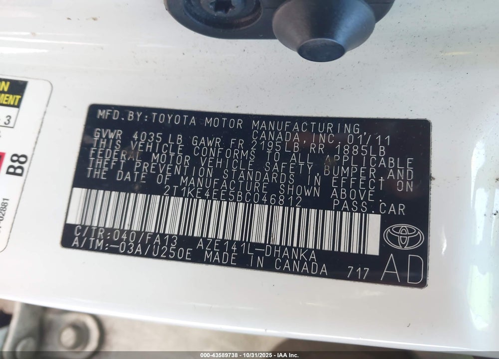 2011 TOYOTA MATRIX S VIN: 2T1KE4EE5BC046812