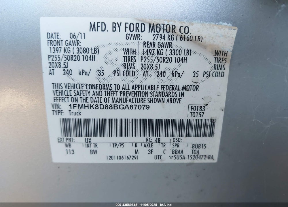 2011 FORD EXPLORER XLT VIN: 1FMHK8D88BGA87079