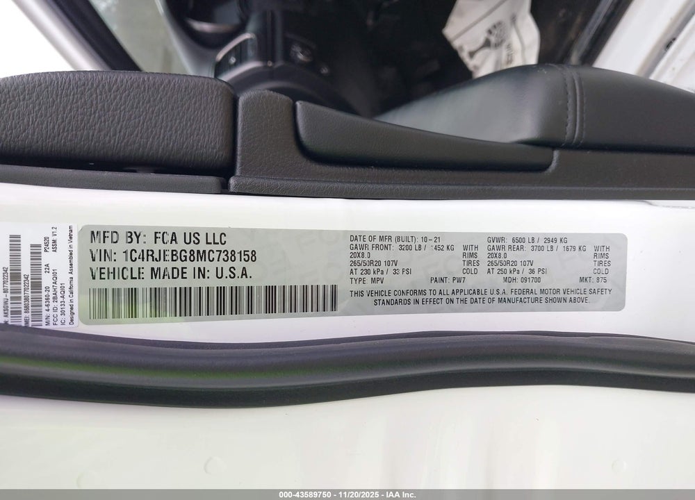 2021 JEEP GRAND CHEROKEE LIMITED X 4X2 VIN: 1C4RJEBG8MC738158