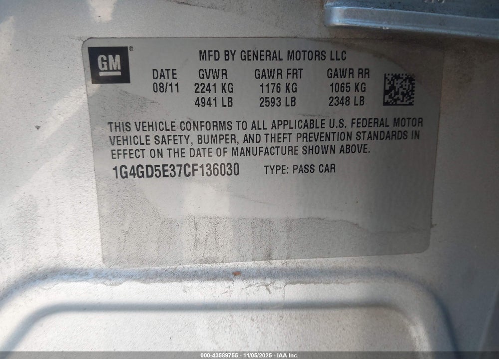 2012 BUICK LACROSSE PREMIUM 1 GROUP VIN: 1G4GD5E37CF136030