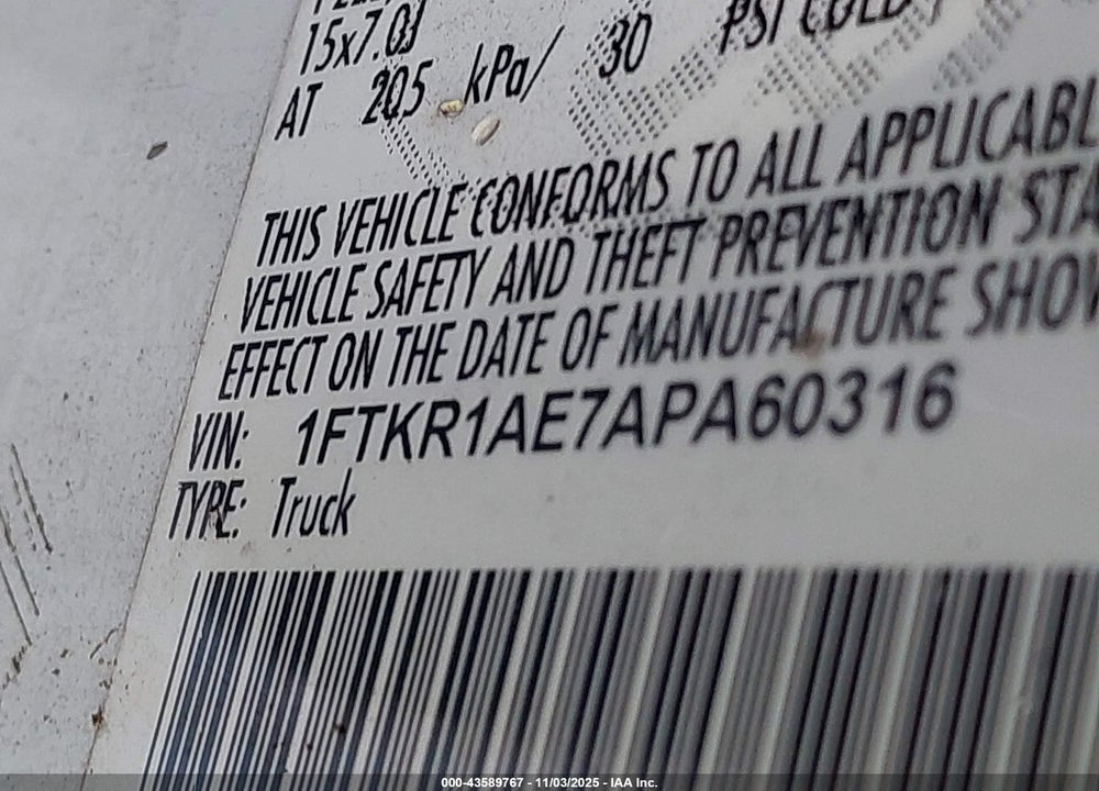 2010 FORD RANGER XL VIN: 1FTKR1AE7APA60316