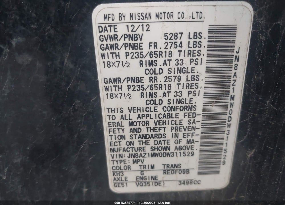 2013 NISSAN MURANO S VIN: JN8AZ1MW0DW311529