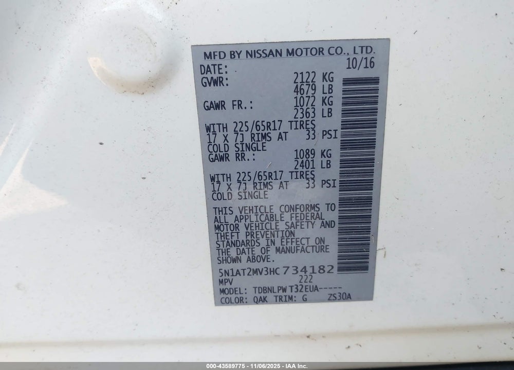 2017 NISSAN ROGUE S VIN: 5N1AT2MV3HC734182