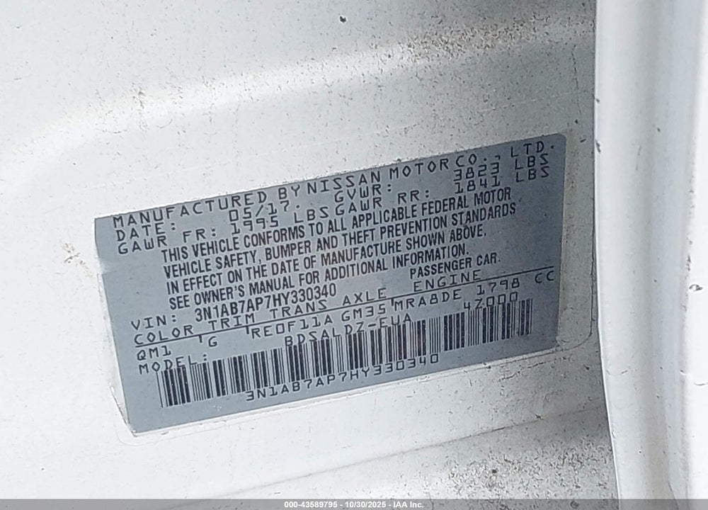 2017 NISSAN SENTRA SV VIN: 3N1AB7AP7HY330340