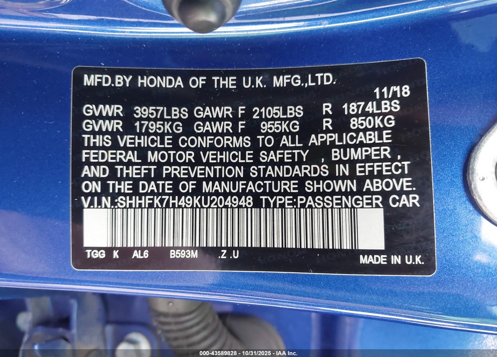 2019 HONDA CIVIC SPORT VIN: SHHFK7H49KU204948