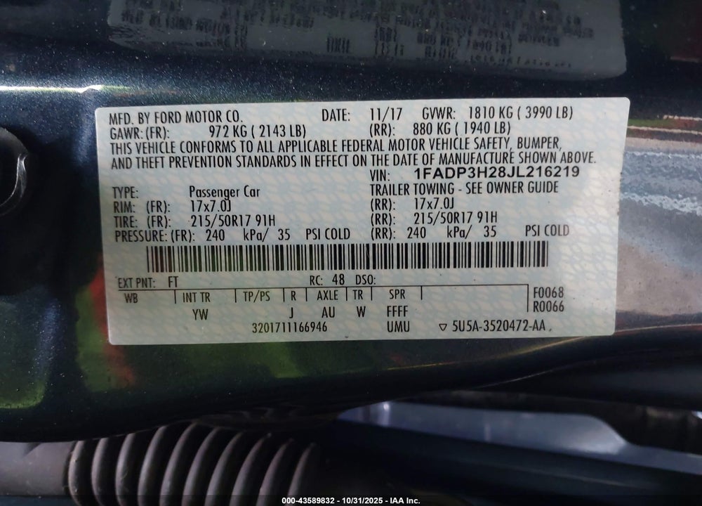 2018 FORD FOCUS VIN: 1FADP3H28JL216219