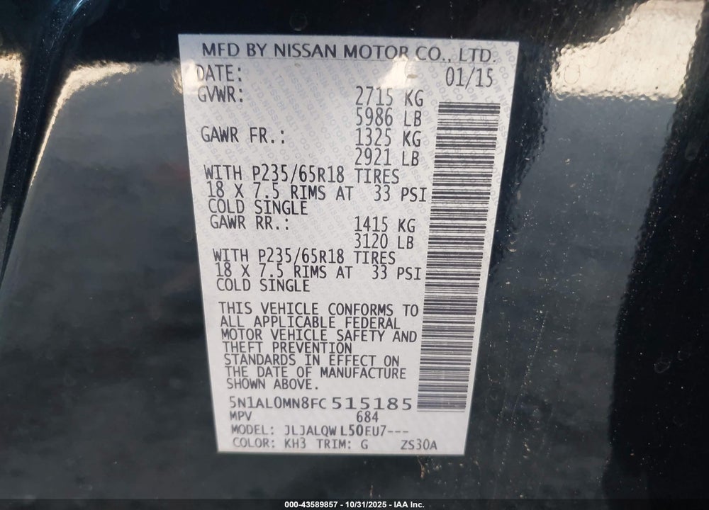 2015 INFINITI QX60 VIN: 5N1AL0MN8FC515185