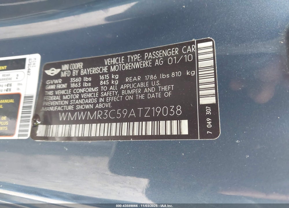2010 MINI COOPER VIN: WMWMR3C59ATZ19038