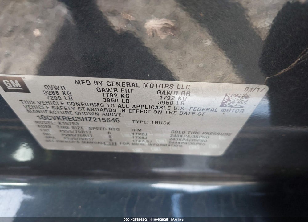 2017 CHEVROLET SILVERADO 1500 VIN: 1GCVKREC5HZ215646