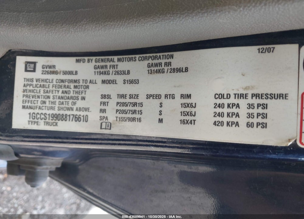2008 CHEVROLET COLORADO WORK TRUCK VIN: 1GCCS199088176610