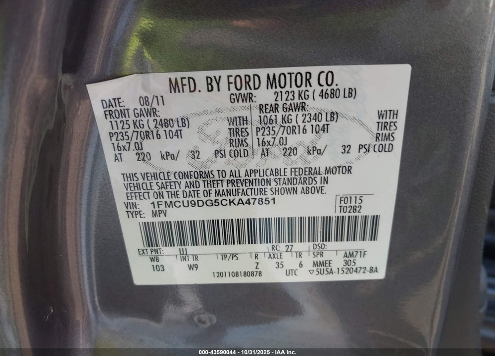 2012 FORD ESCAPE XLT VIN: 1FMCU9DG5CKA47851