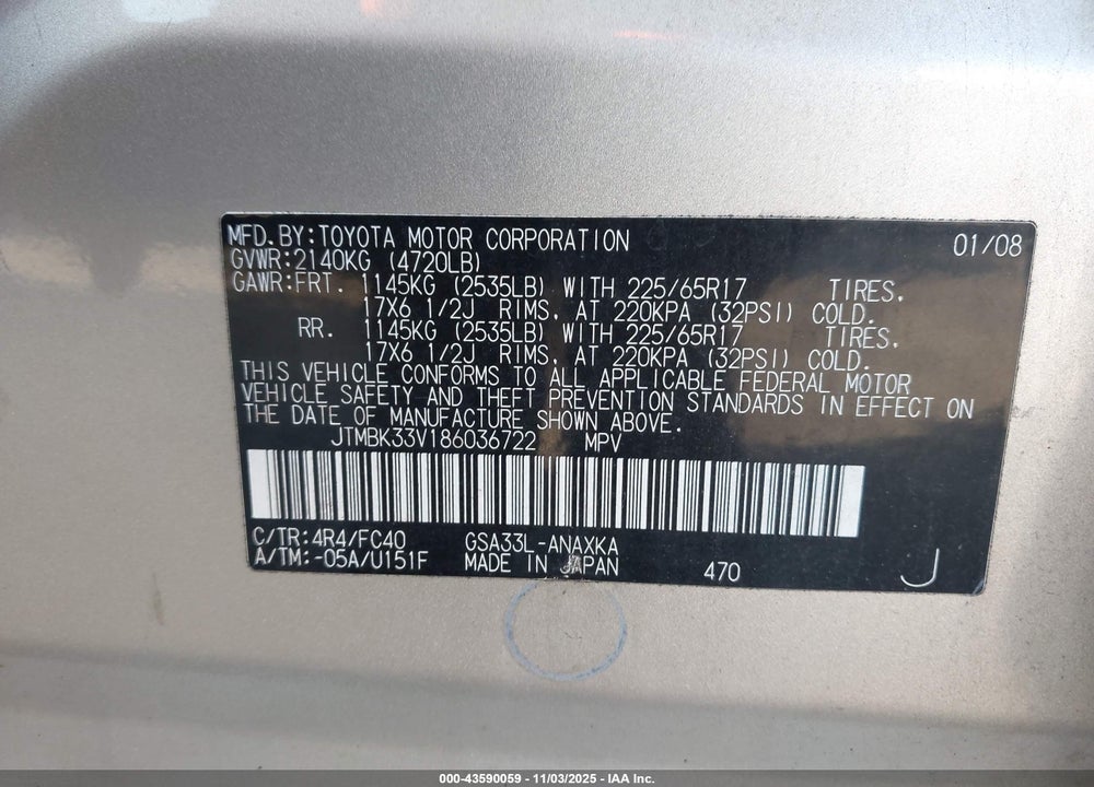 2008 TOYOTA RAV4 VIN: JTMBK33V186036722