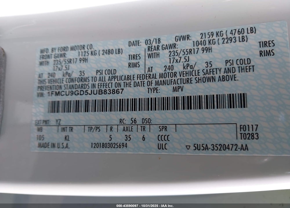 2018 FORD ESCAPE SE VIN: 1FMCU9GD5JUB83867