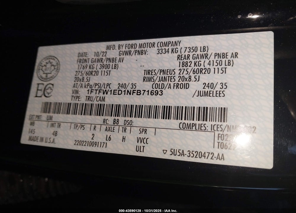 2022 FORD F-150 XLT VIN: 1FTFW1ED1NFB71693