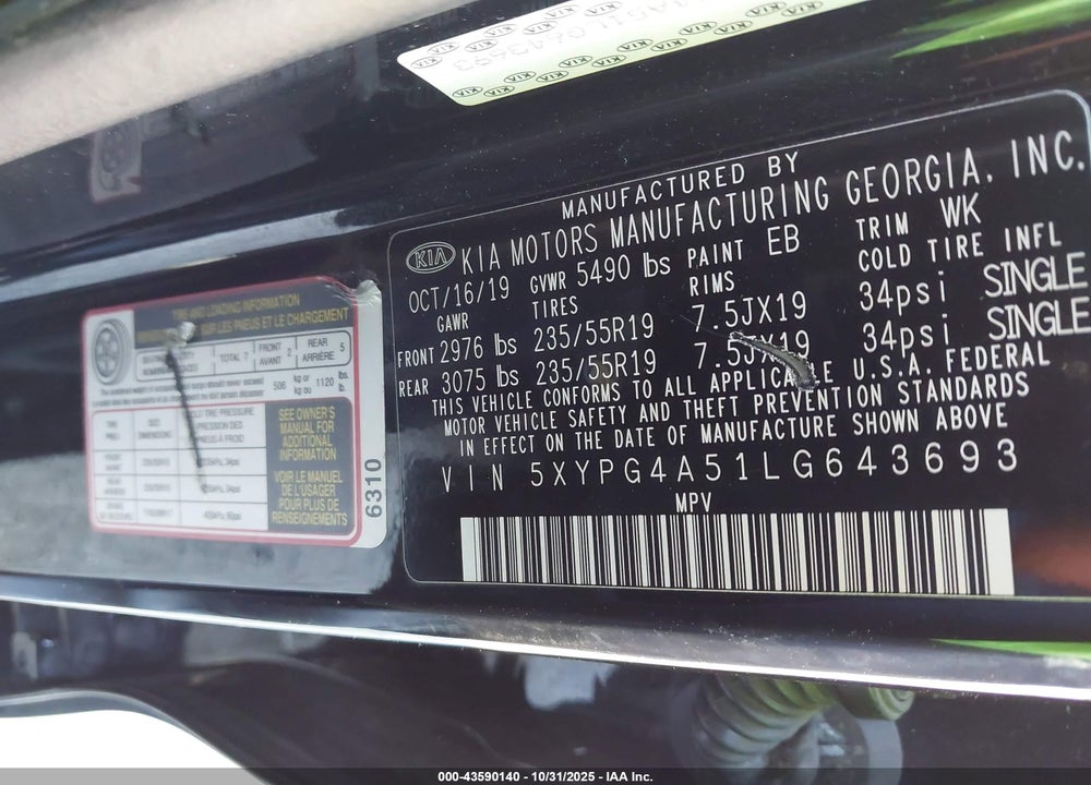 2020 KIA SORENTO 3.3L S VIN: 5XYPG4A51LG643693