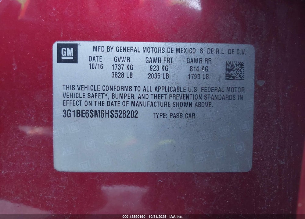 2017 CHEVROLET CRUZE LT AUTO VIN: 3G1BE6SM6HS528202