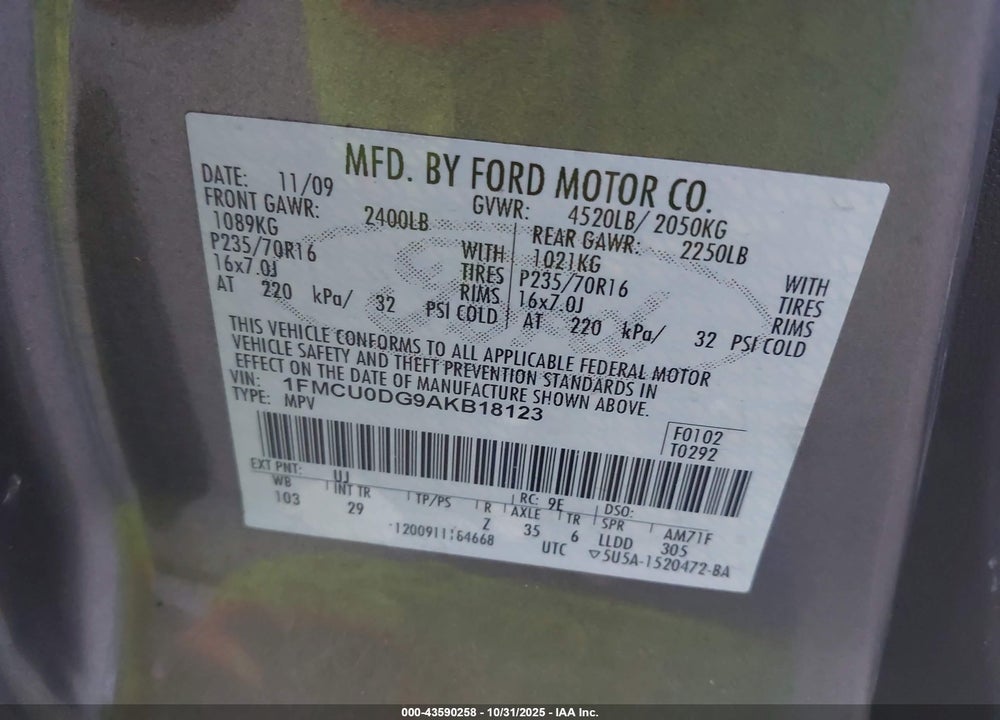 2010 FORD ESCAPE XLT VIN: 1FMCU0DG9AKB18123