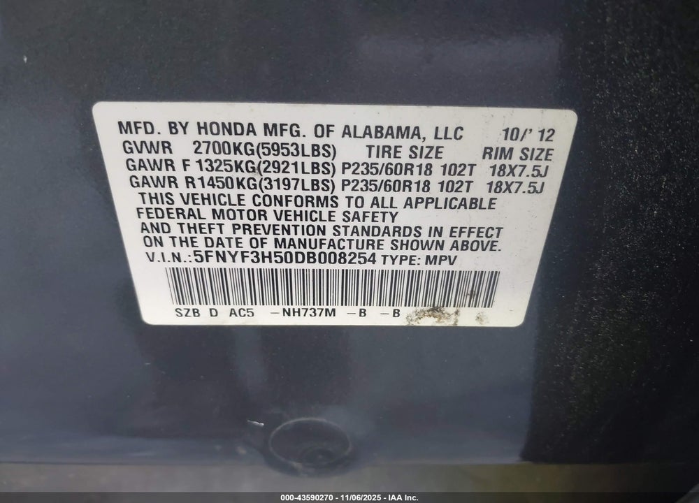 2013 HONDA PILOT EX-L VIN: 5FNYF3H50DB008254