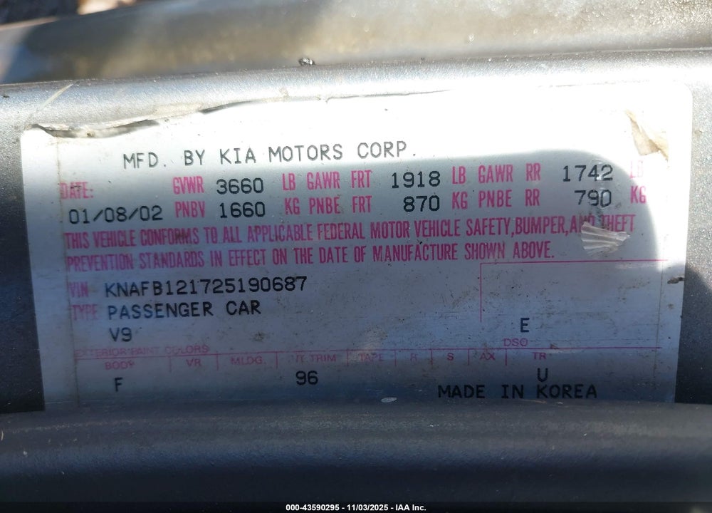 2002 KIA SPECTRA LS VIN: KNAFB121725190687