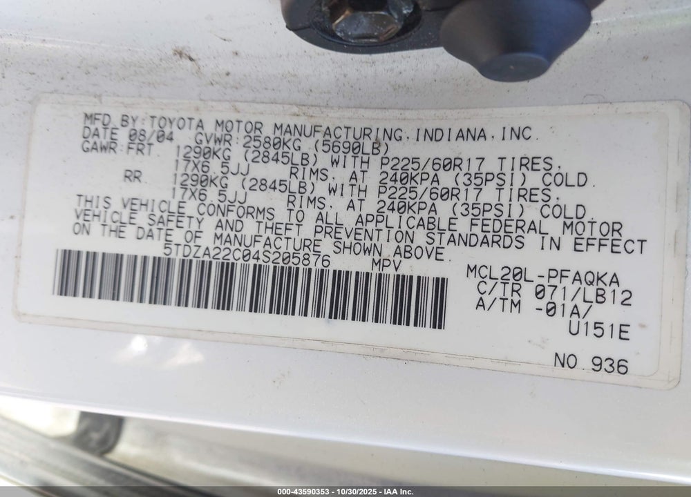 2004 TOYOTA SIENNA XLE VIN: 5TDZA22C04S205876