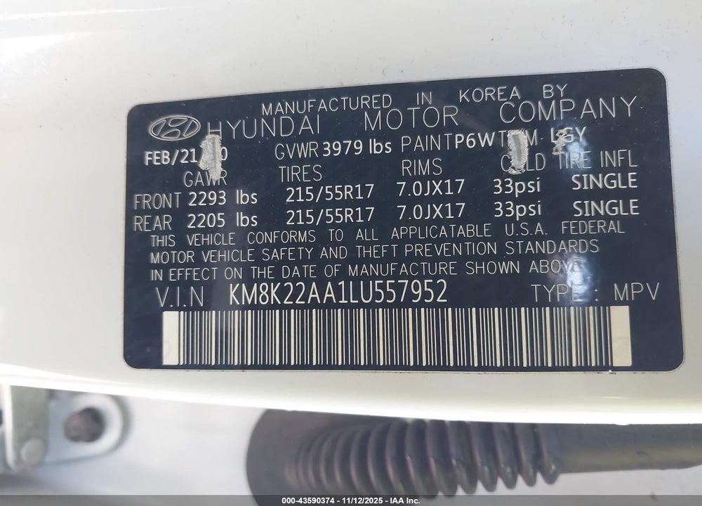 2020 HYUNDAI KONA SEL VIN: KM8K22AA1LU557952