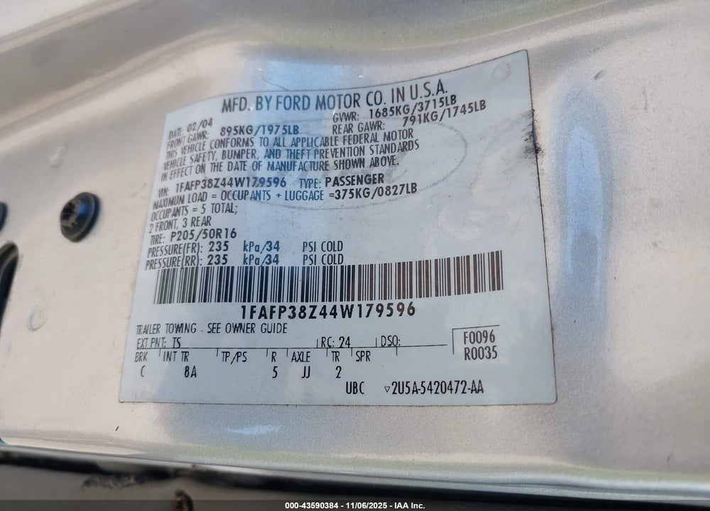2004 FORD FOCUS ZTS VIN: 1FAFP38Z44W179596