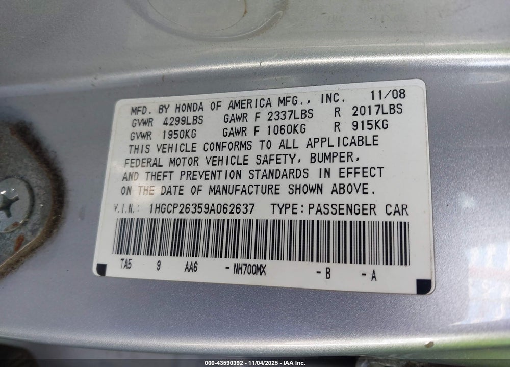 2009 HONDA ACCORD 2.4 LX VIN: 1HGCP26359A062637