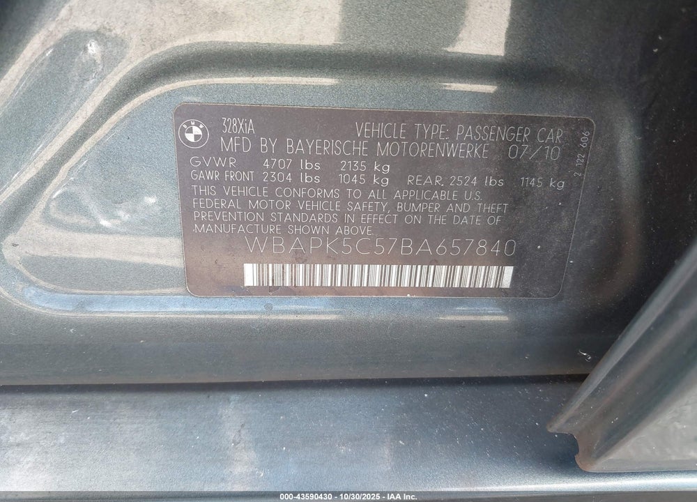 2011 BMW 3 SERIES VIN: WBAPK5C57BA657840