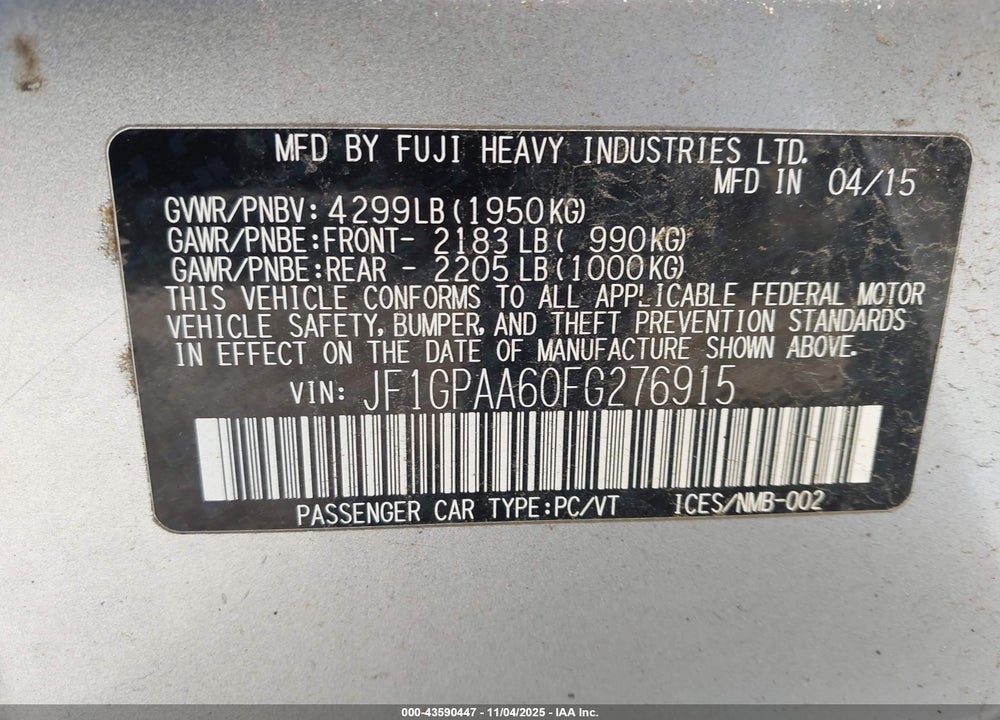 2015 SUBARU IMPREZA 2.0I VIN: JF1GPAA60FG276915